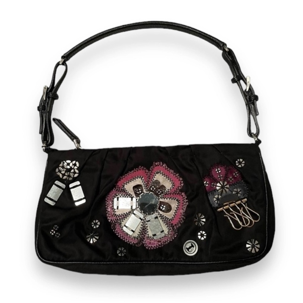 Vintage Prada Nylon Flower Appliqué Shoulder Bag